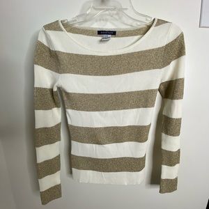 Boston Proper white and gold stripe sweater, size small